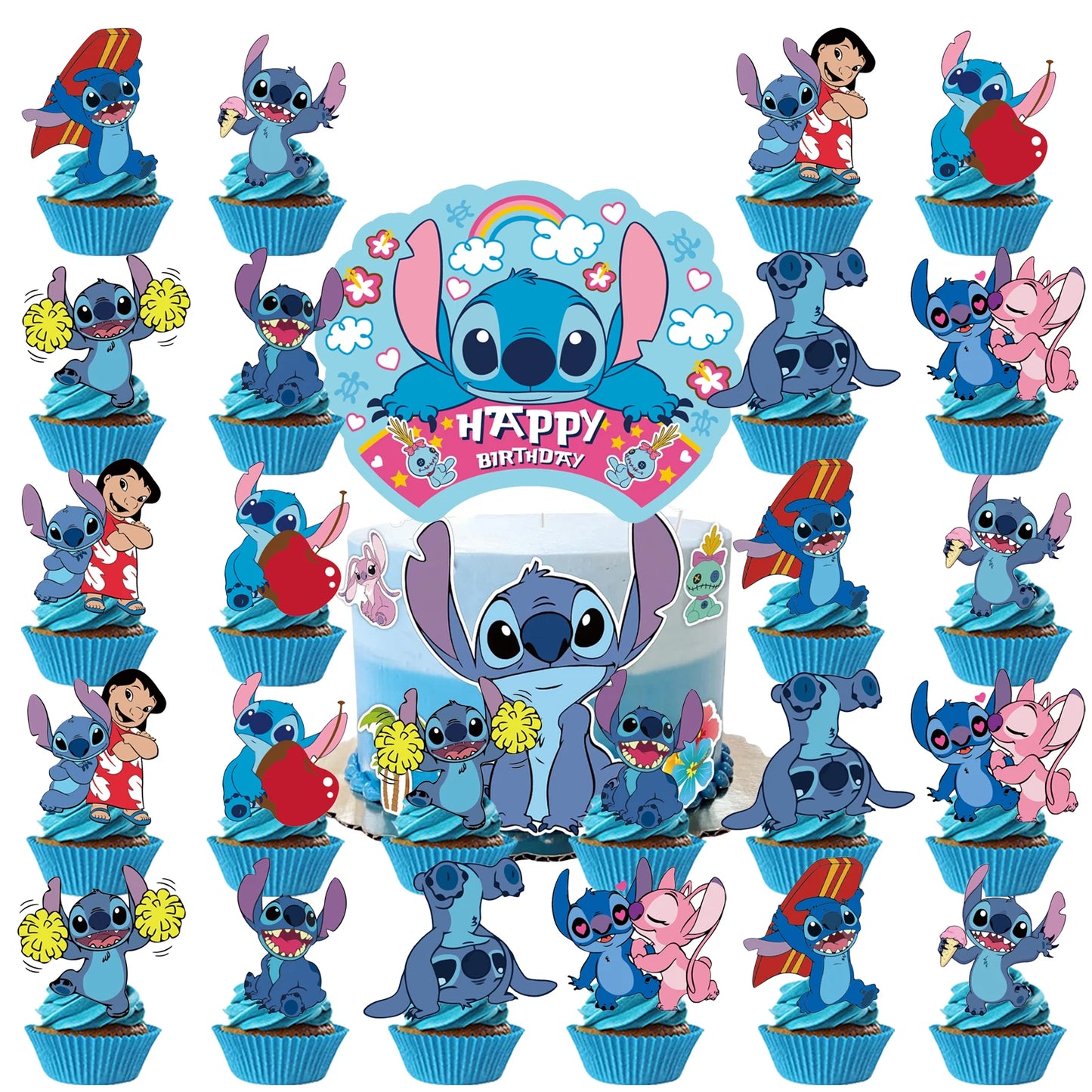 Stitch-themed birthday cake topper kit with 25 colorful decorations, featuring cartoon characters and festive designs by Nes