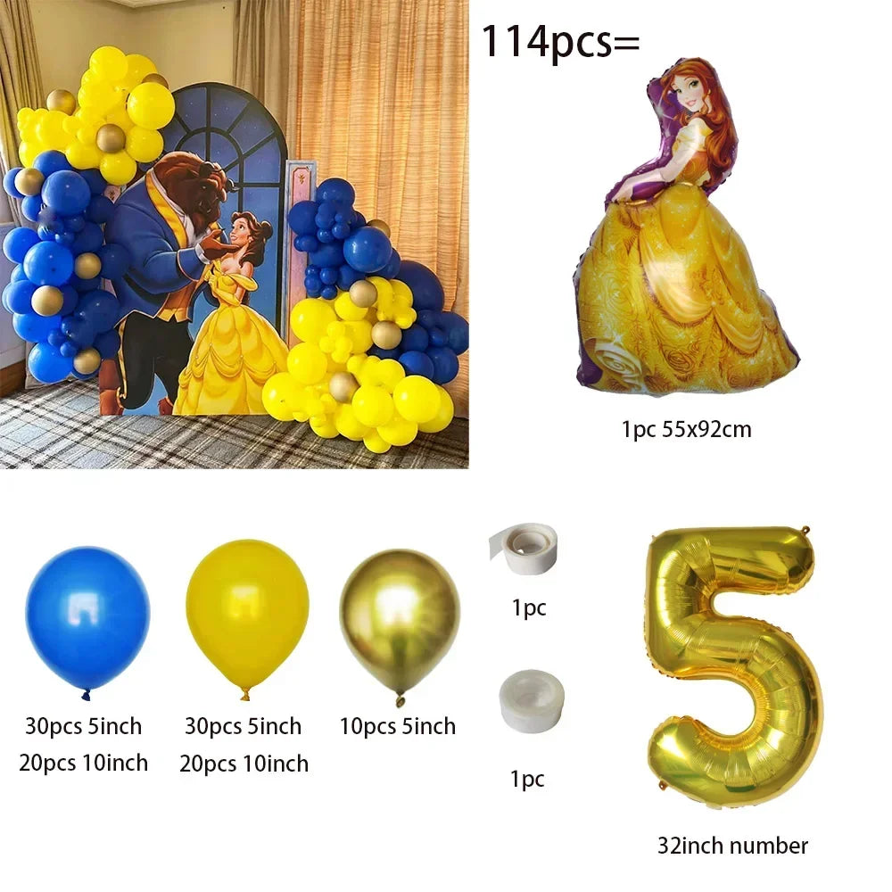 Collection of balloons and decorations including a princess and prince cutout, balloons, and a number 5 balloon.