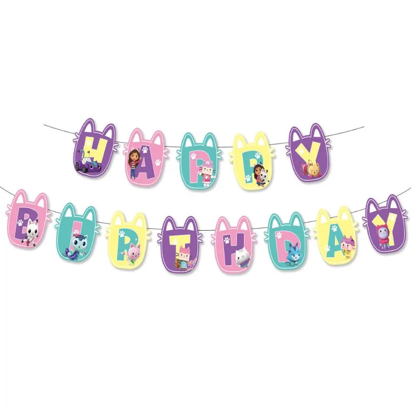 Colorful 'Happy Birthday' banner with cartoon characters on a white background