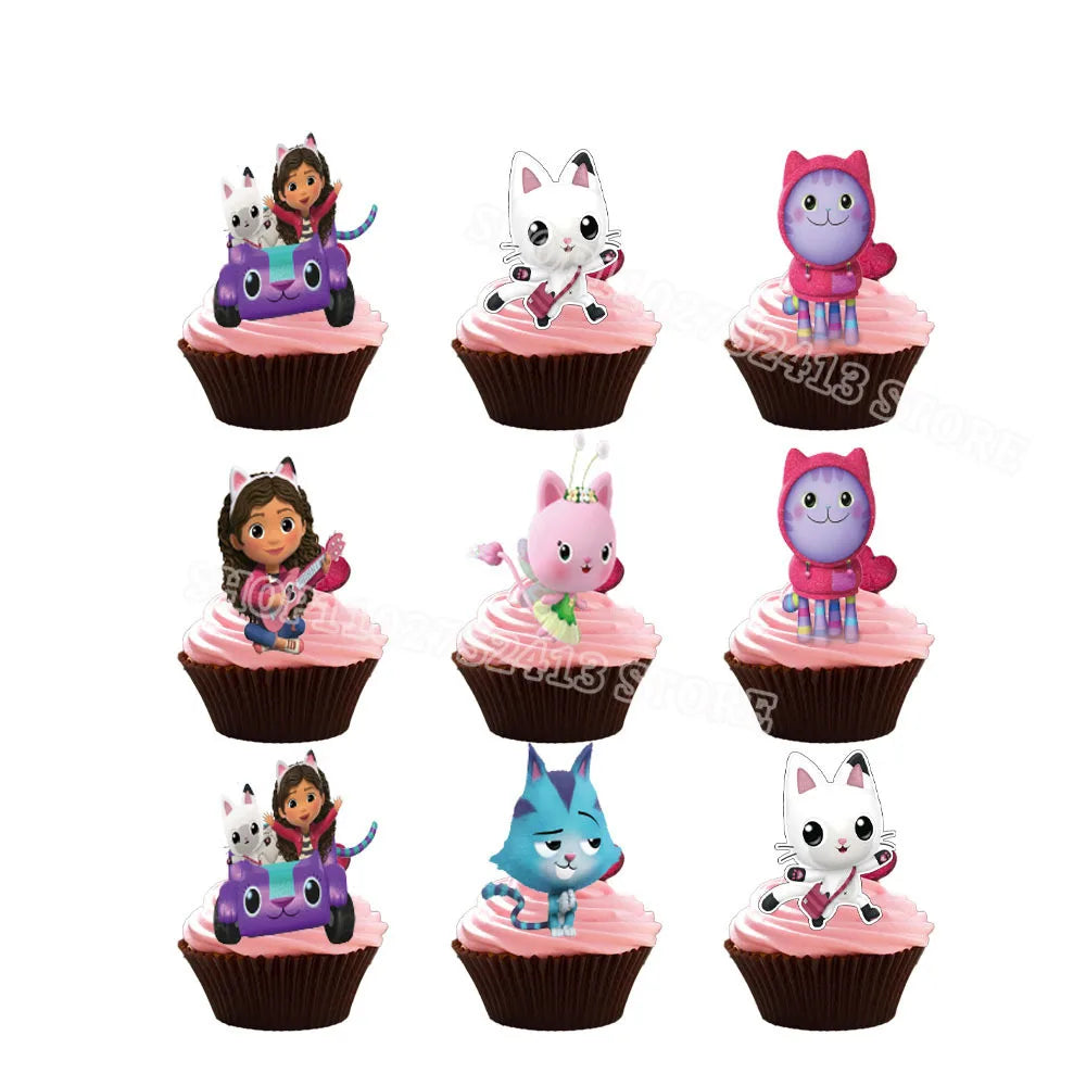 Set of cupcakes with cartoon character toppers on a white background