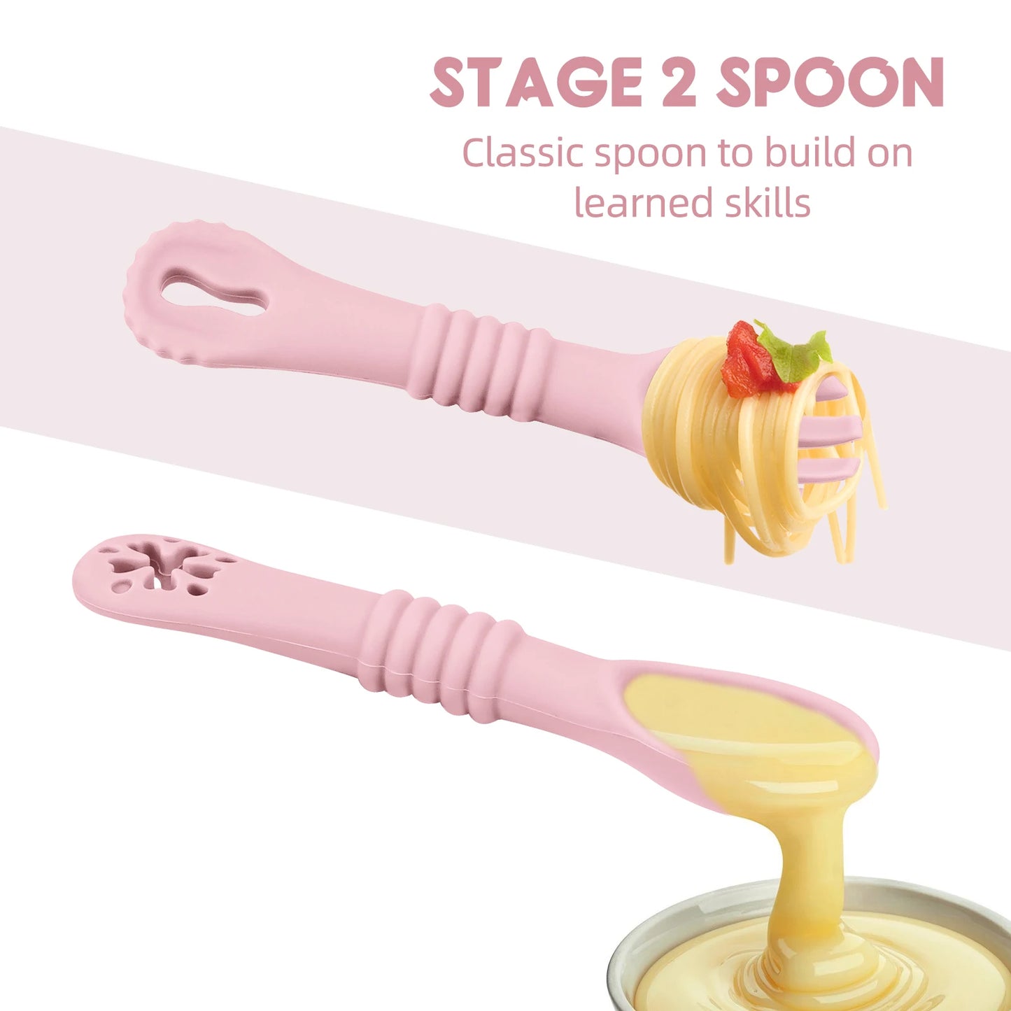 Pink spoon with yellow substance and text indicating it's a 'Stage 2 Spoon' for building on learned skills.