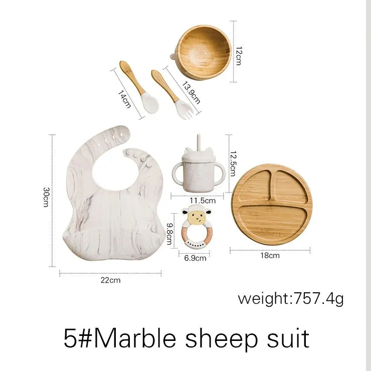 Baby feeding set with dimensions and weight information on a white background