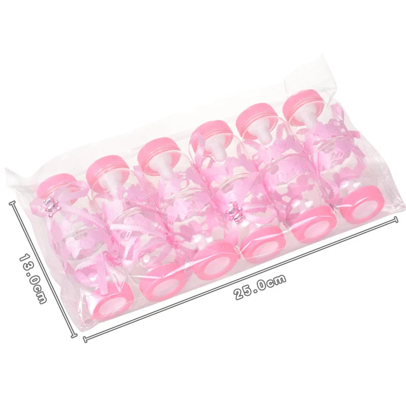 Packaged set of pink and clear baby bottles with dimensions indicated.