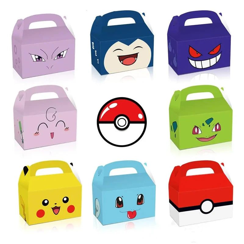Set of colorful gift boxes with cartoon character designs on a white background