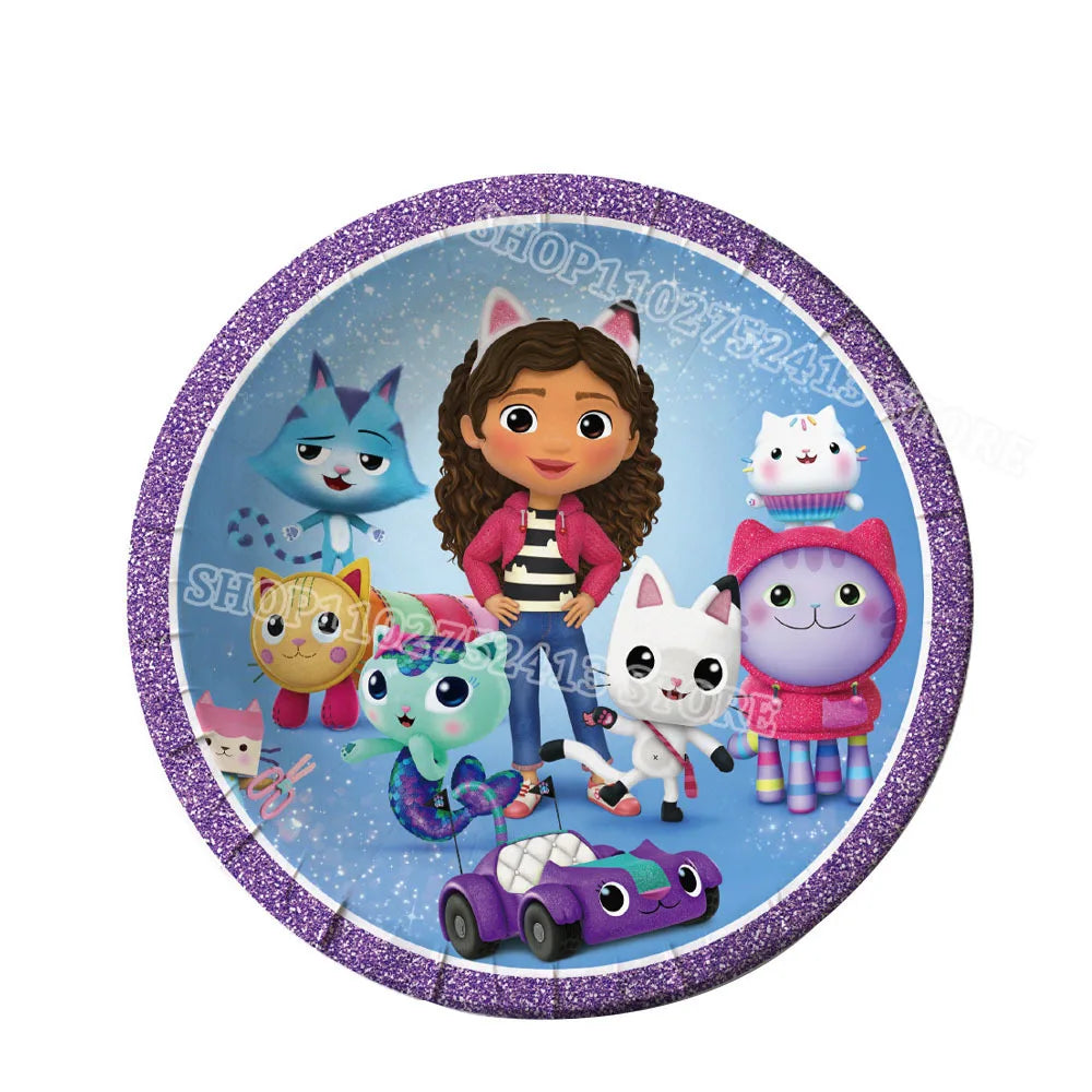 Round plate with cartoon characters and a purple border