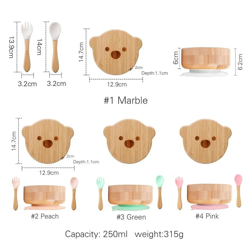 Bamboo tableware set with dimensions and color options on a white background