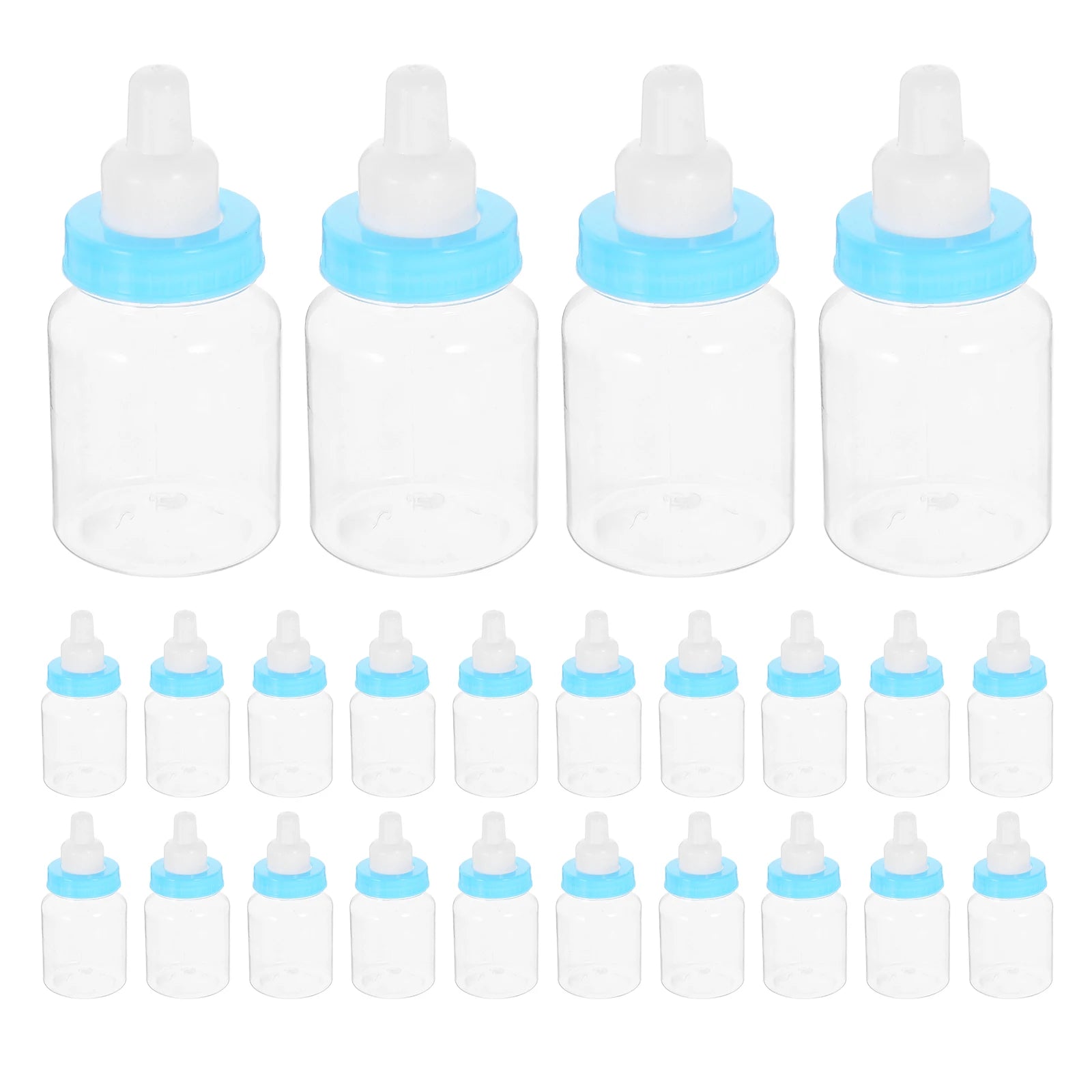Set of clear baby bottles with blue caps on a white background