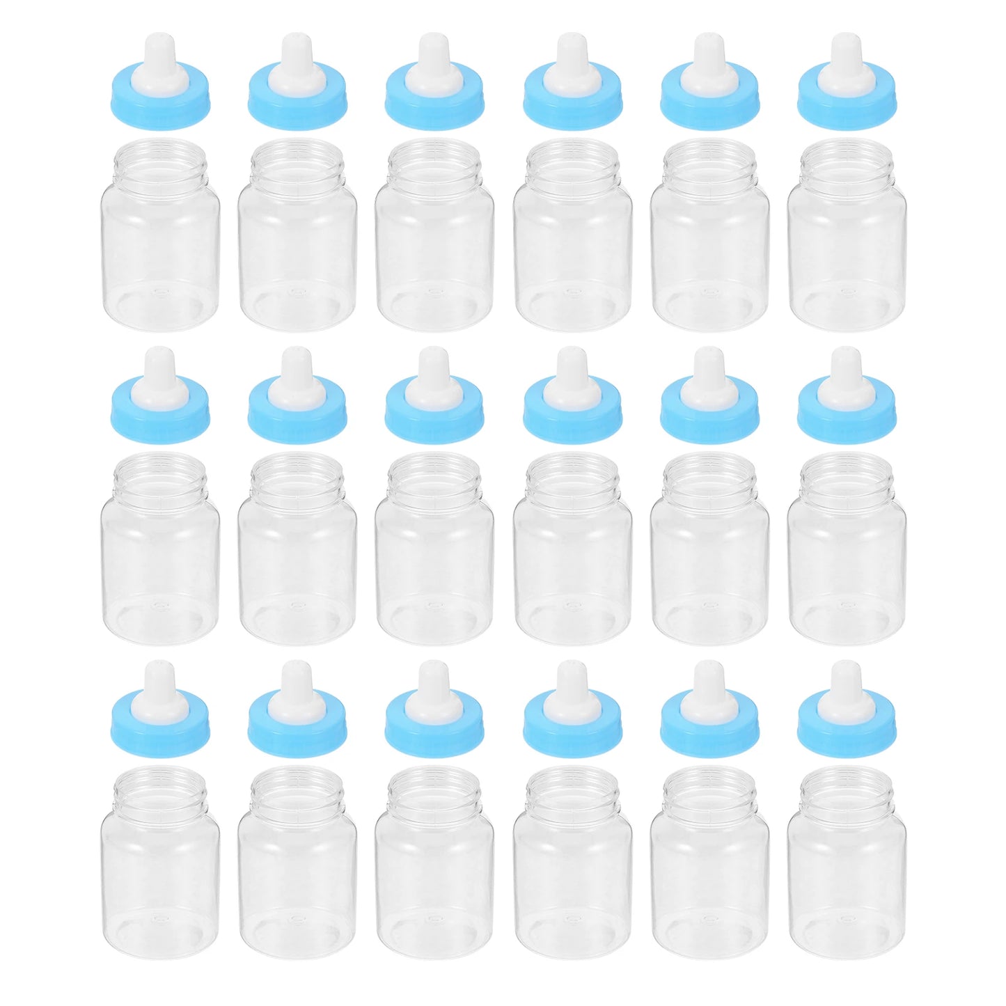 Set of clear bottles with blue and white caps on a white background