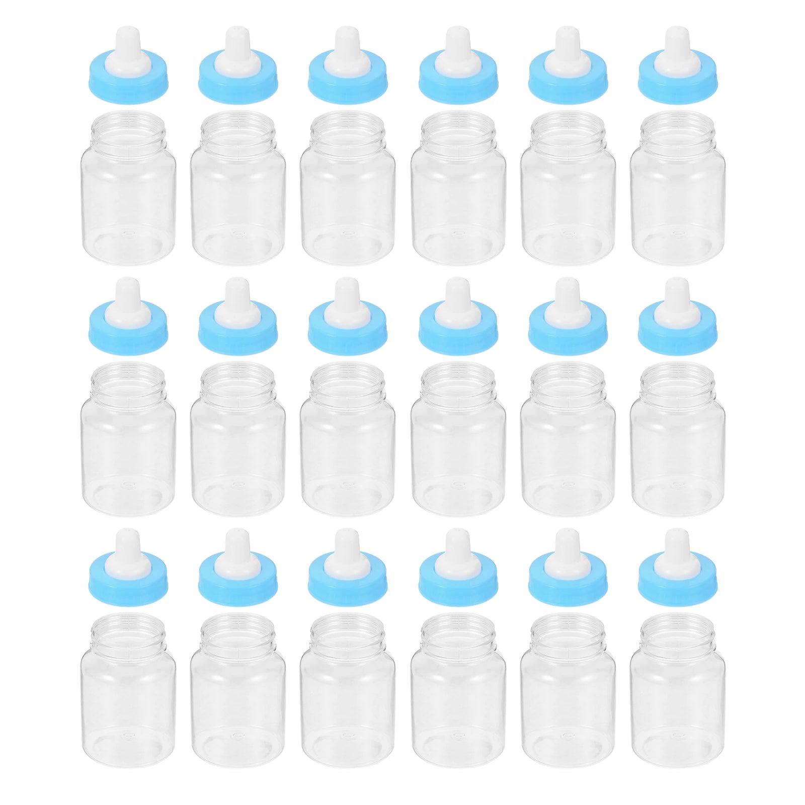 Set of clear bottles with blue and white caps on a white background