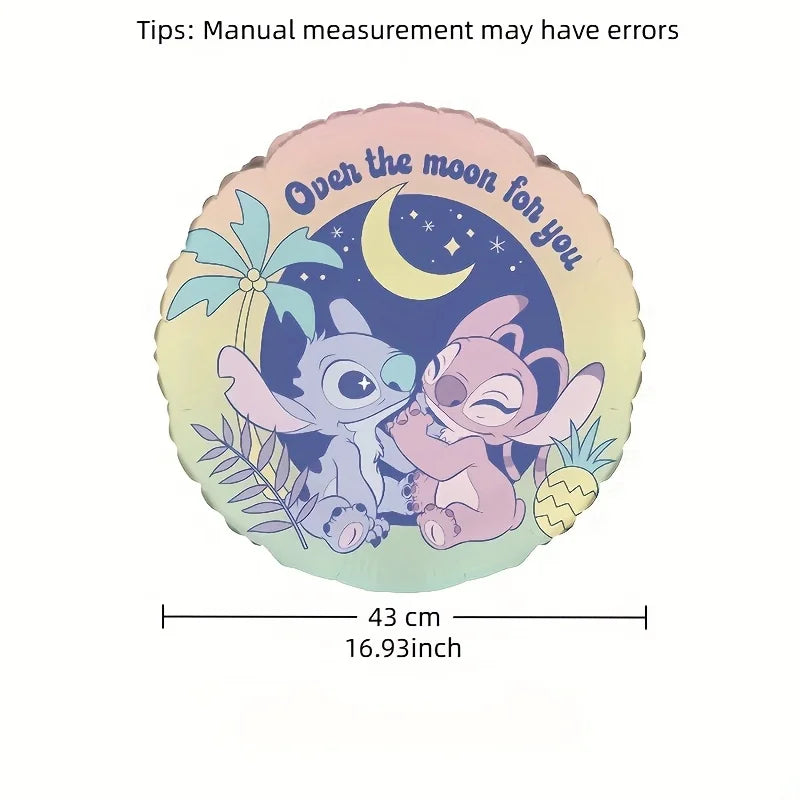 Decorative balloon with cartoon characters and 'Over the moon for you' text, with measurements indicated.