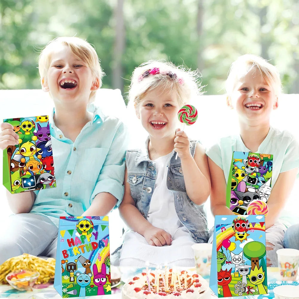 Three children sitting outdoors with colorful birthday party bags and treats.