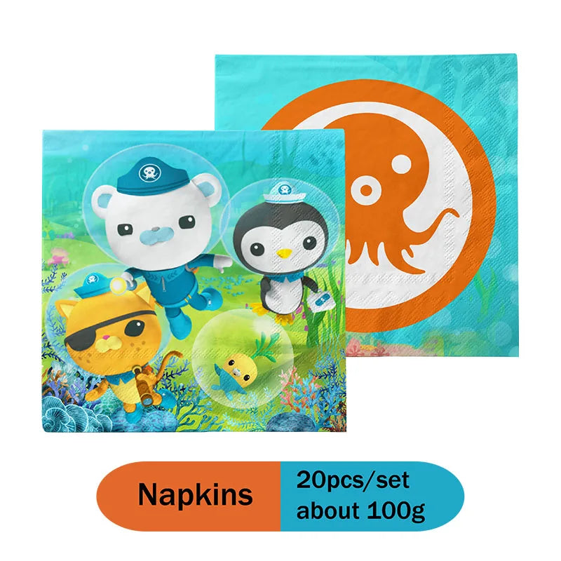 Set of cartoon-themed napkins with characters and an octopus design on a white background.