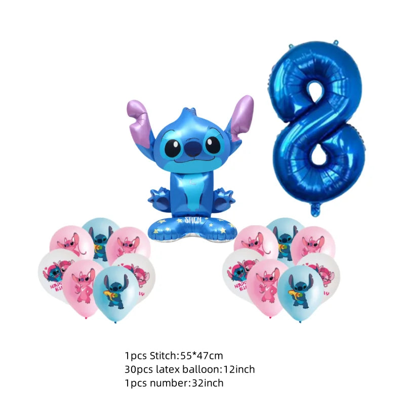 Stitch-themed balloons with a number 8 balloon on a white background