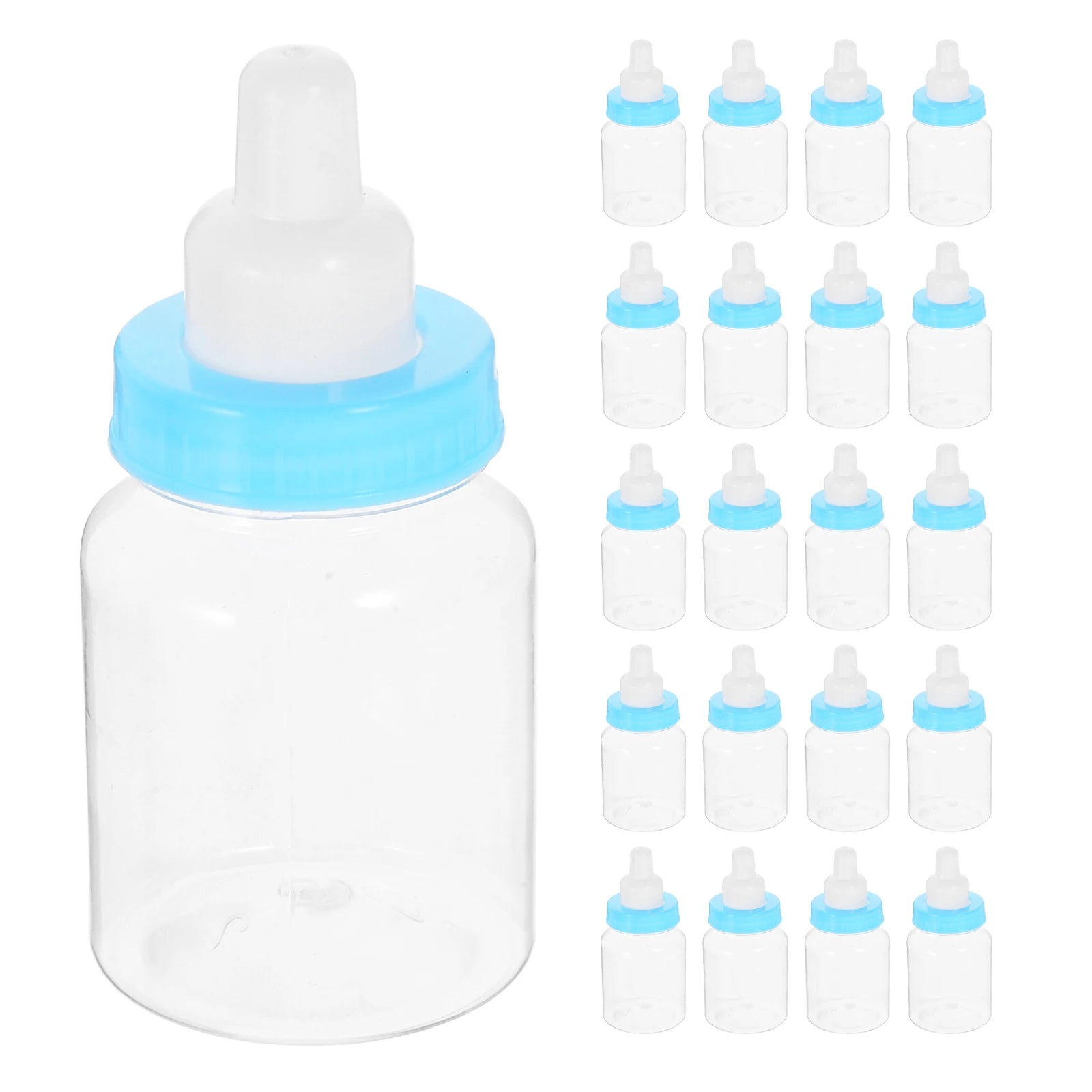 Large empty bottle with a dropper and multiple small bottles with blue caps on a white background