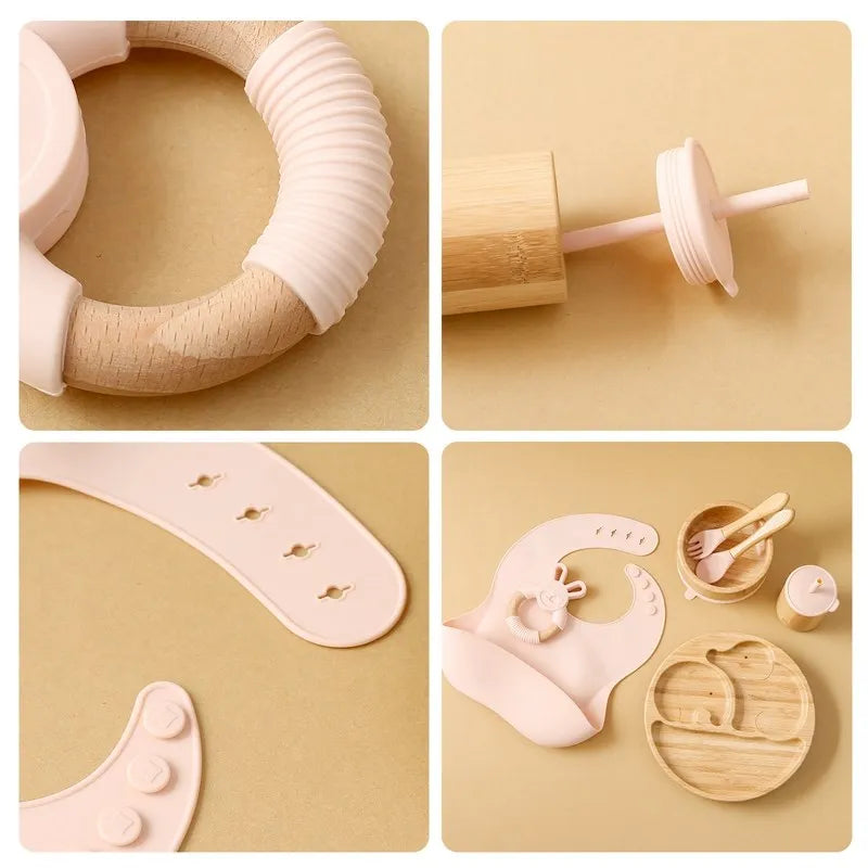 Collage of baby utensils and toys on a beige background