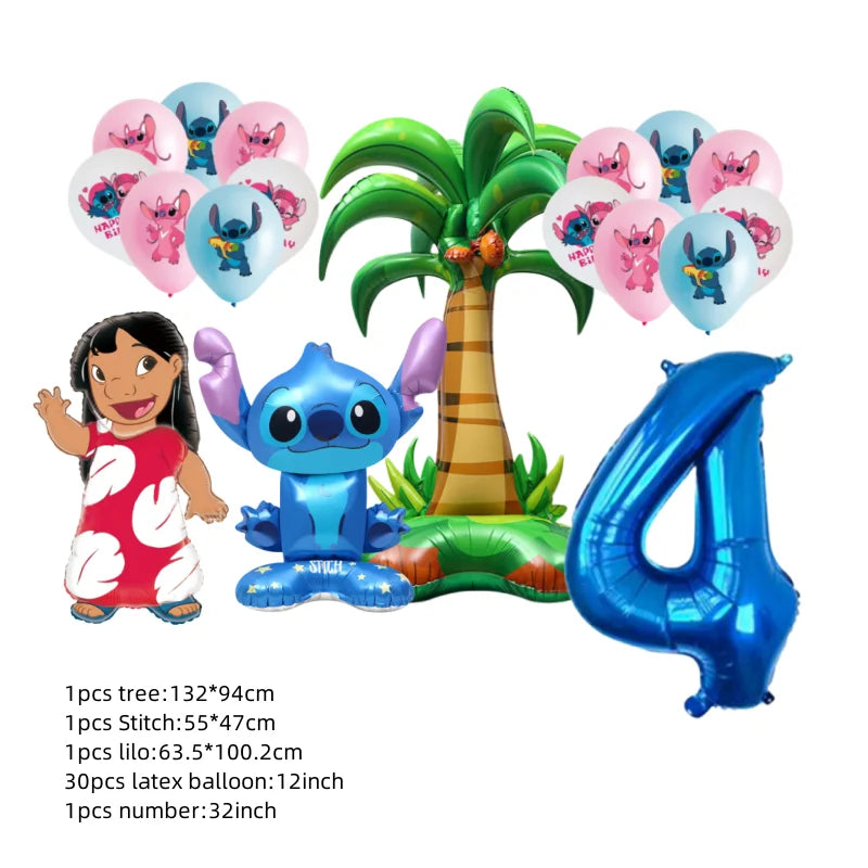 Set of cartoon character balloons, tree, and number with dimensions on a white background