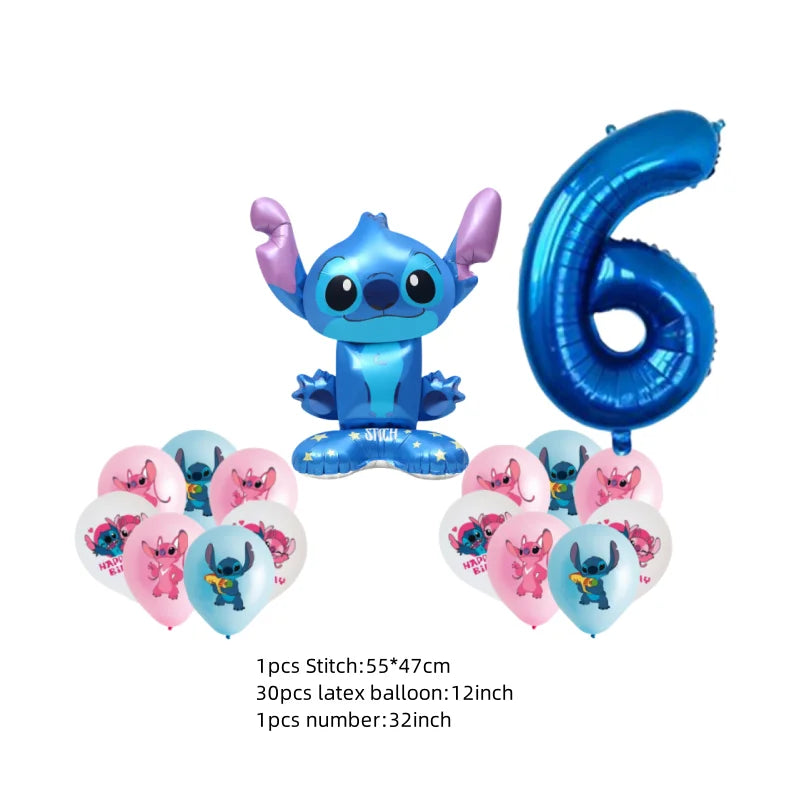 Stitch-themed balloons including a character balloon, number balloon, and heart-shaped balloons on a white background.