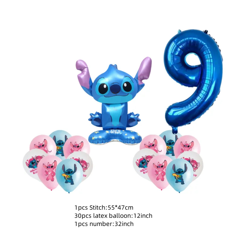 Stitch-themed balloons including a character balloon and number balloons on a white background