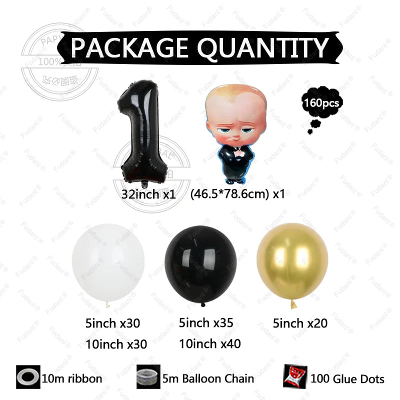 Package quantity details with balloons and decorative items on a white background