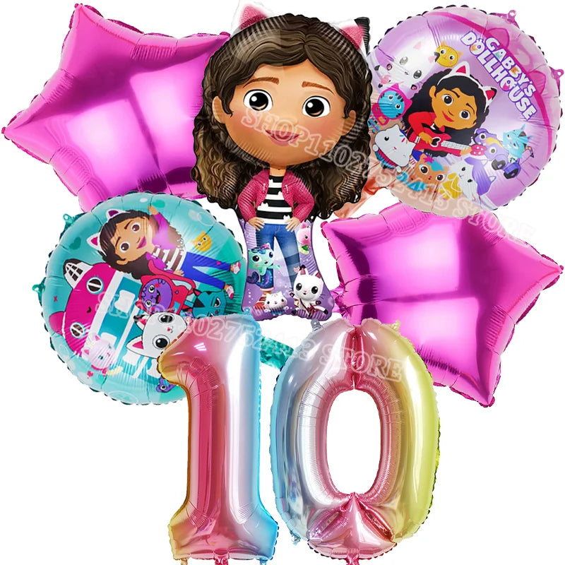 Set of Dora the Explorer-themed balloons including a character balloon, number balloons, and a pink star-shaped balloon.