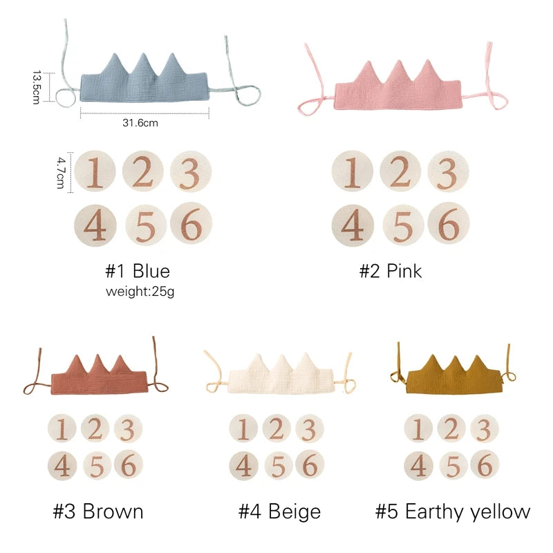 Set of children's crowns in different colors with measurements and weights displayed.