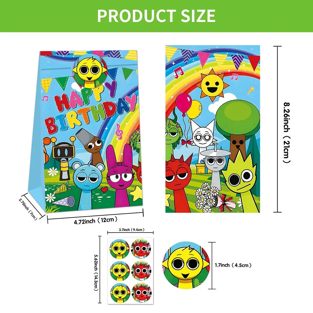 Colorful birthday party bag with cartoon characters and dimensions on a white background