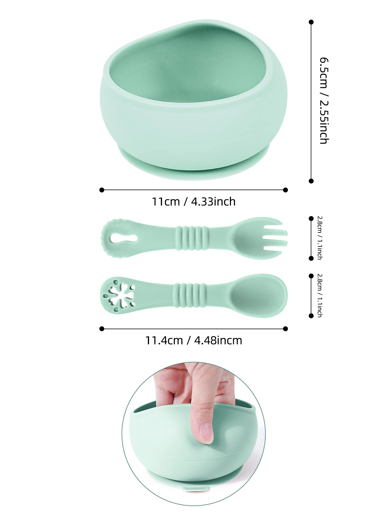 Set of green children's bowl, spoon, and fork with measurements on a white background