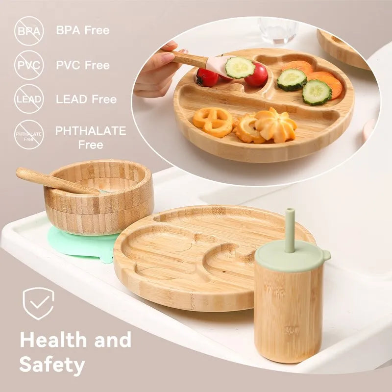 Bamboo children's tableware set with health and safety certifications on a neutral background