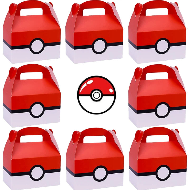 Red and white party favor boxes with a central Poké Ball design