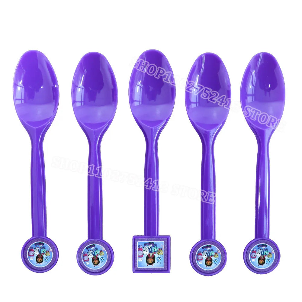 Set of five purple spoons with cartoon character designs on a white background