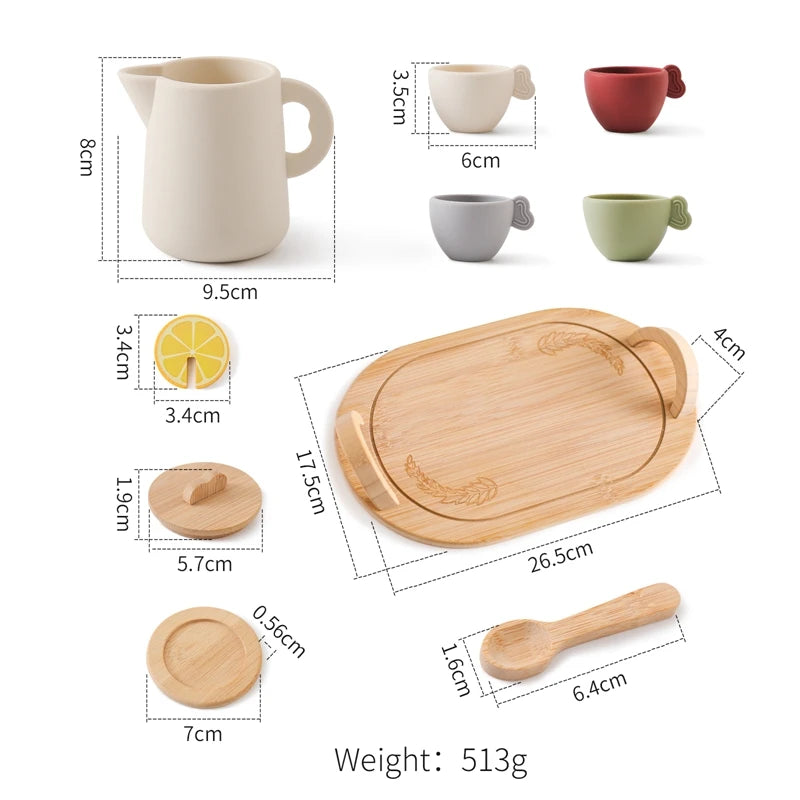 Measurement chart of kitchen items including a pitcher, cups, a cutting board, and utensils on a white background.
