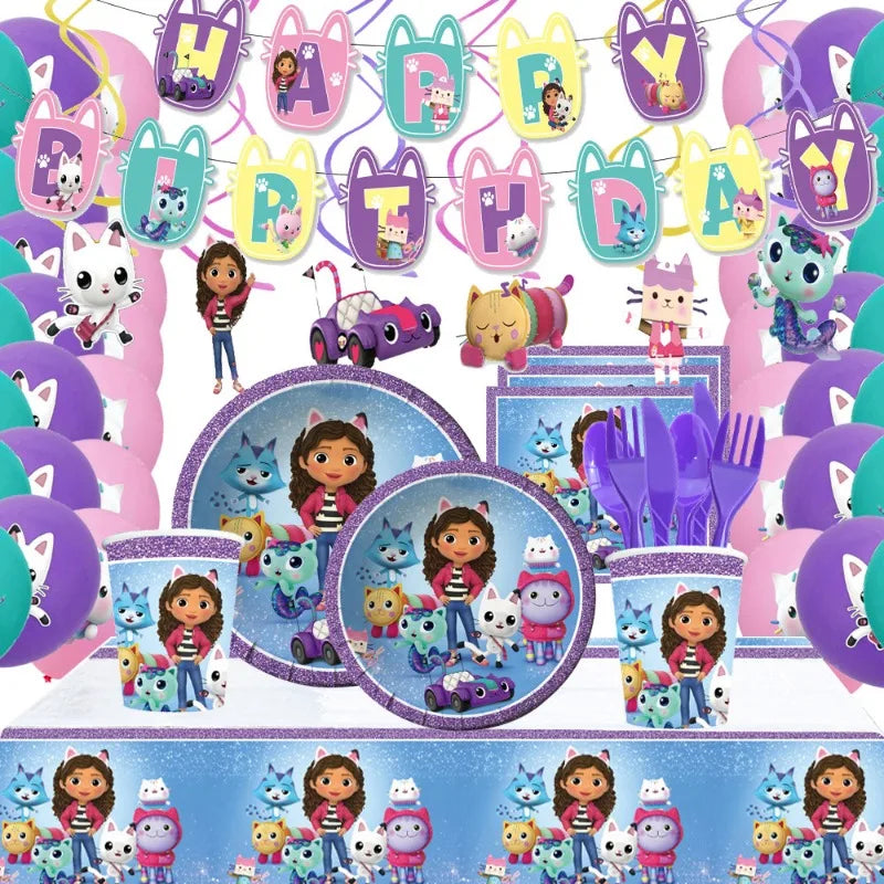 Birthday party supplies with cartoon characters and 'Happy Birthday' banner