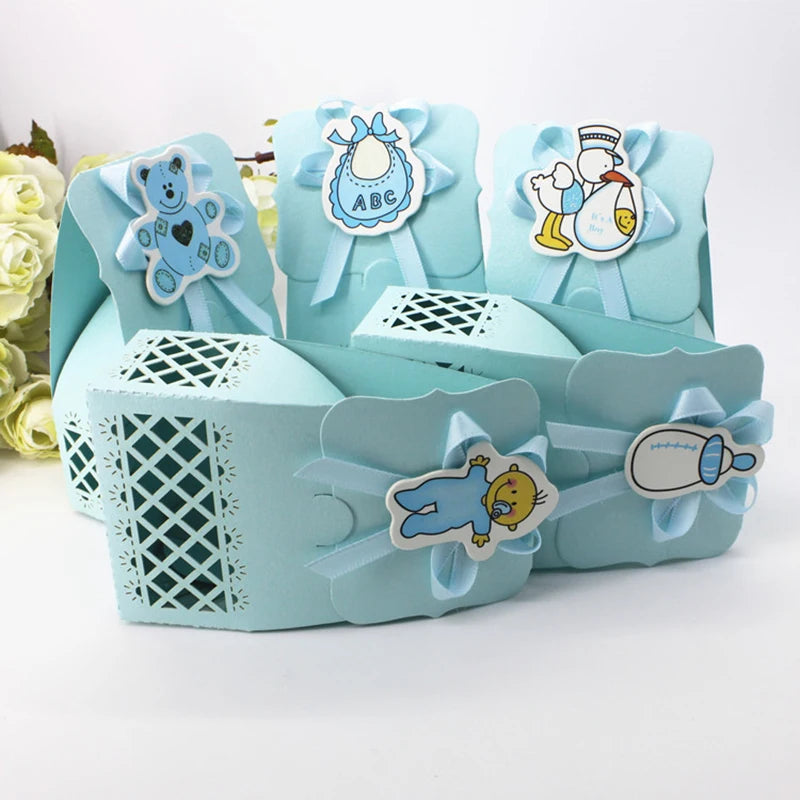 Decorative baby gift basket with blue accents and baby-themed stickers on a white background