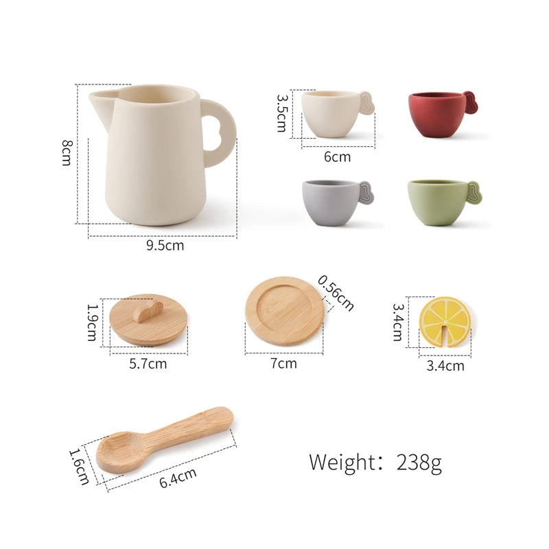 Measurement chart of ceramic cups, mugs, and wooden spoons with dimensions and weight.