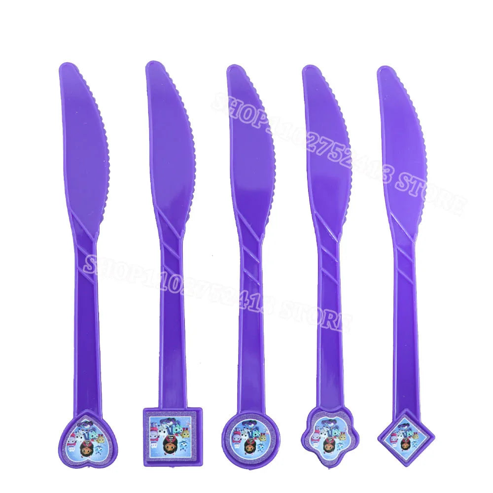 Set of five purple plastic knives with cartoon character labels on a white background