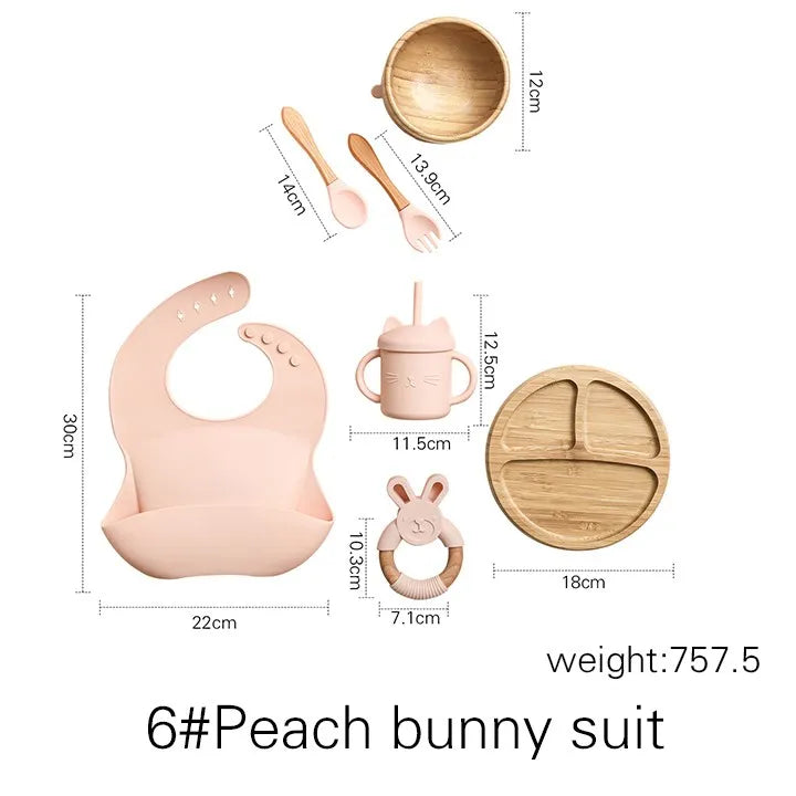 Baby feeding set with dimensions and weight details on a white background