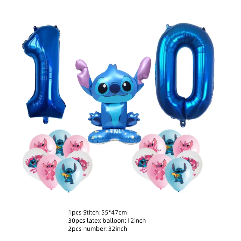 Stitch-themed balloons including a character and number balloons on a white background