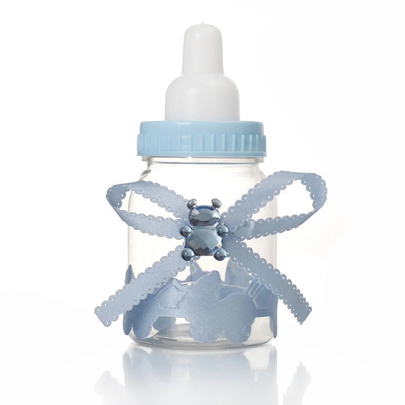 Baby bottle with blue butterfly design on a white background
