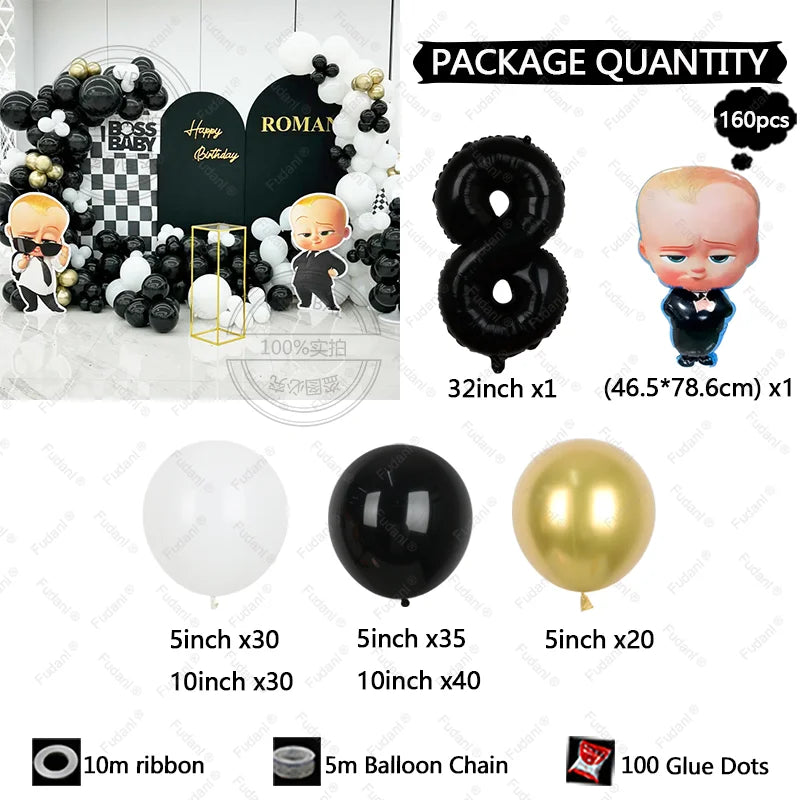 Collection of balloons and party supplies with package quantity details on a white background
