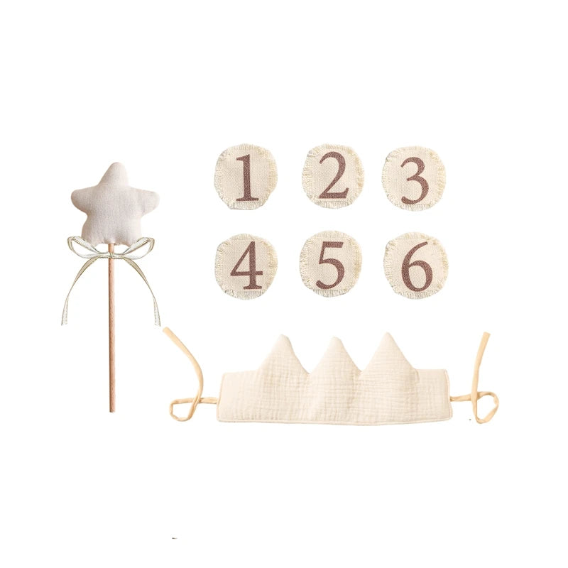 Decorative items including a star on a stick, a crown, and wooden numbers on a white background