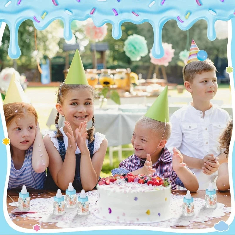 Children at a birthday party with a cake and decorations.