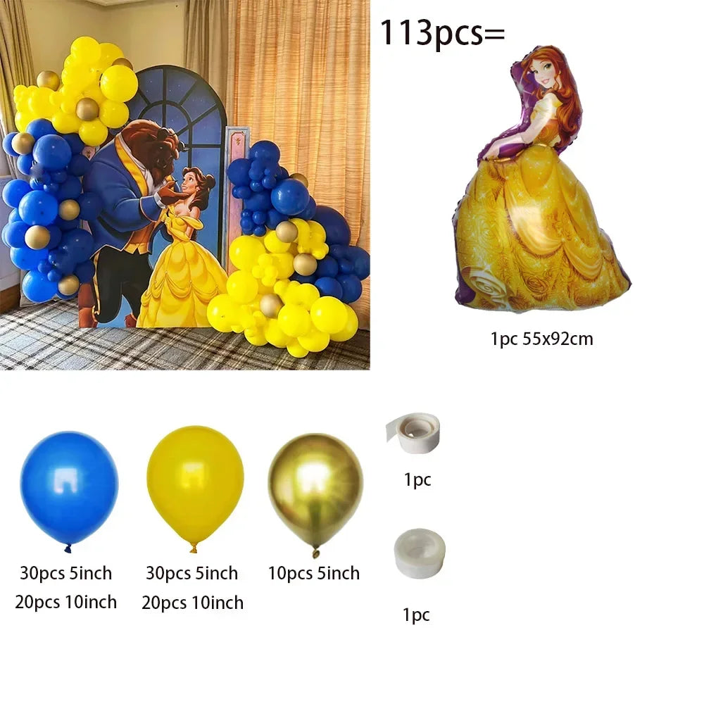 Beauty and the Beast-themed balloon set with balloons and cutouts on a white background.