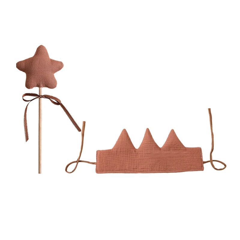 Brown star-shaped toy on a stick and crown on a white background