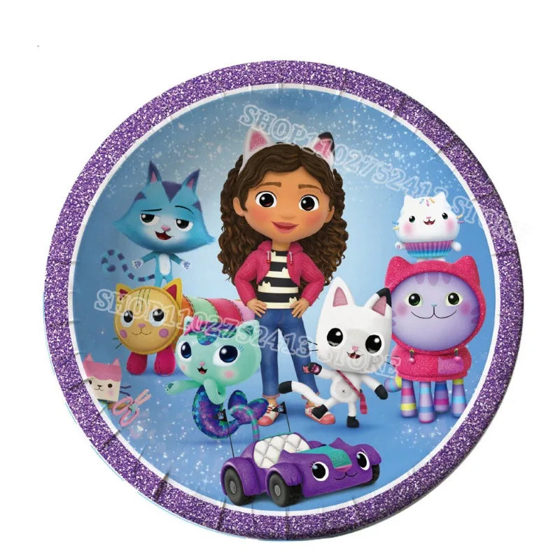 Round plate with a character and cat-like creatures on a blue background