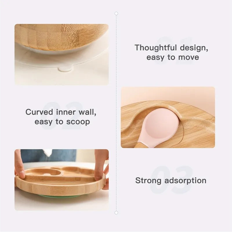 Bamboo tray with curved inner wall and strong adsorption feature, shown with text descriptions.