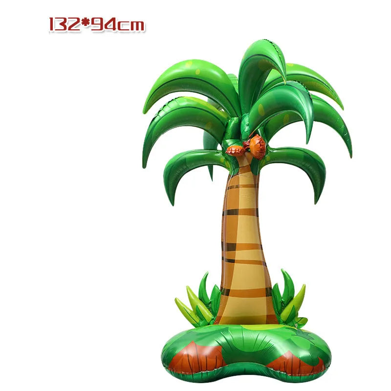 Inflatable palm tree with green leaves and striped trunk on a white background