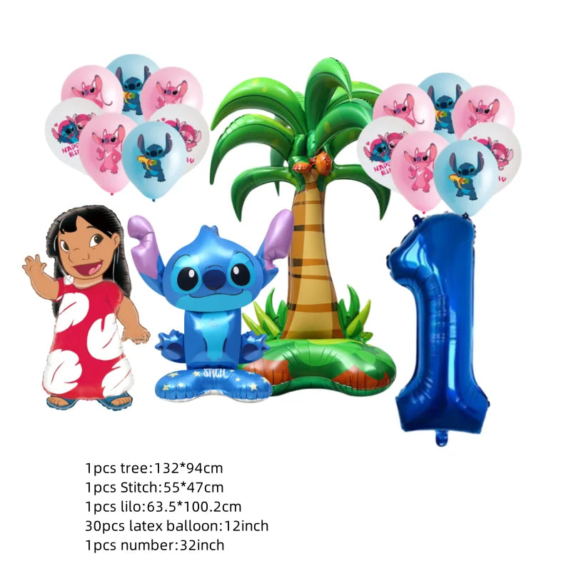 Set of cartoon character balloons with a palm tree and number balloon on a white background
