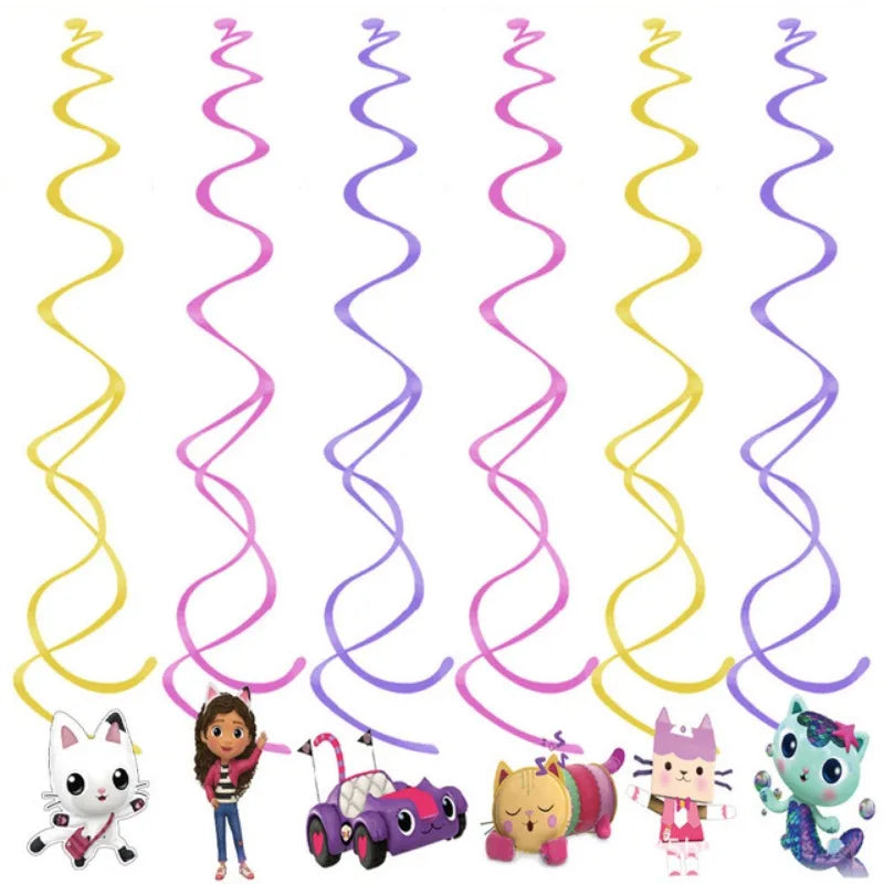 Colorful hanging swirl decorations with cartoon characters on a white background
