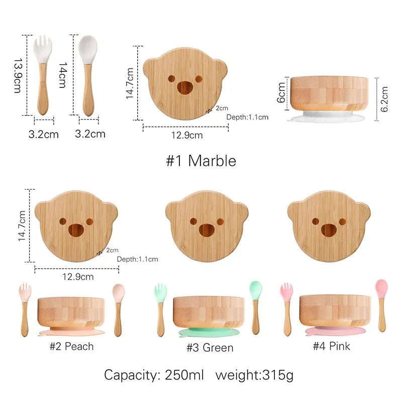 Bamboo children's tableware set with dimensions and color options on a white background