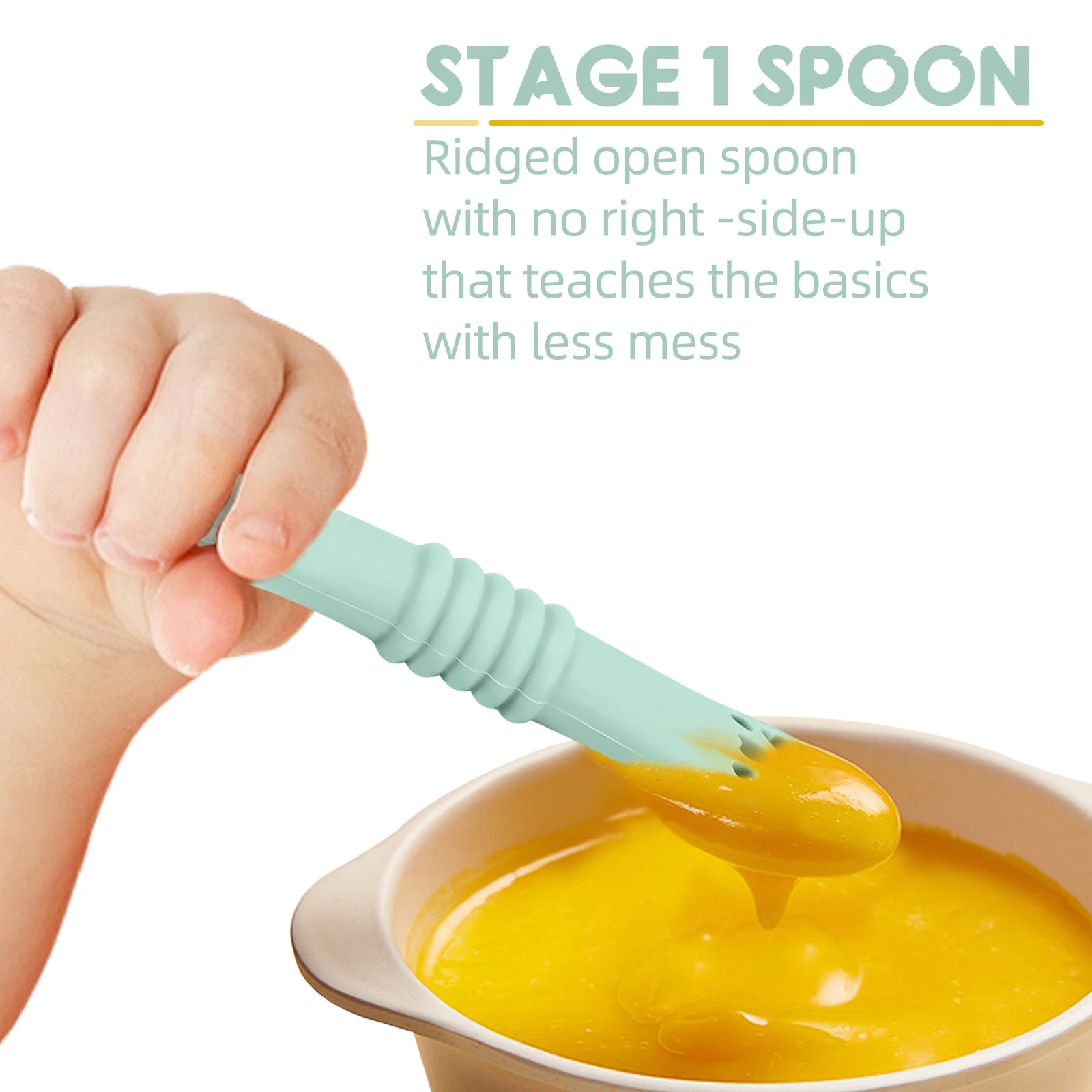 Teal spoon being used to scoop yellow substance from a bowl, with text describing its use.